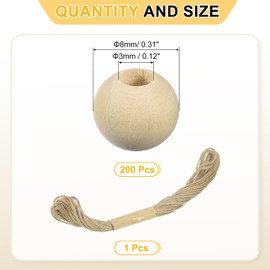 sourcing map 200Pcs Wooden Beads, 8mm/0.3inch Natural Color Ball Spacer Bead Unfinished Round Loose Beads for Crafts Making Party Decoration (3mm Hole)