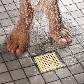 SWHYGER 6 Inch Square Shower Floor Drain with Removable Cover Grid Grate,SUS304 Stainless Steel Brushed Gold Brass Finished,98738BG6.