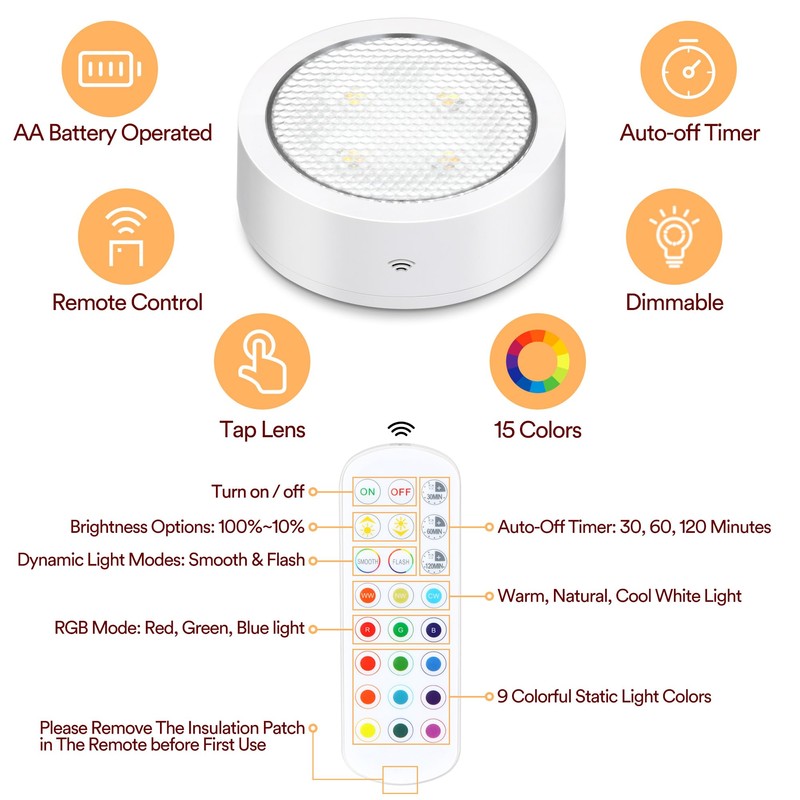 TECOMLIGHT Puck Lights with Remote Control Battery Powered Wireless LED