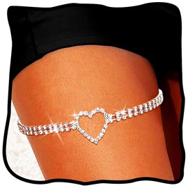 Woeoe Sparkly Rhinestone Thigh Chain Silver Heart Leg Chains Body Jewelry for Women