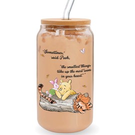 CUTALU Winnie the Pooh Cups, Winnie Cups Gifts for Women, Winnie Lovers Gifts, Cute Pooh Glass Cups, Birthday Gifts for Pooh Lovers, Glass Jar Tumbler with Bamboo Lid and Glass Straw, 16 oz