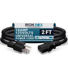 IronBox Electric NEMA 5-15 Plug to IEC C13 Connector Power Cords - 10A,125V, 18/3 SJT - UL Listed Universal Power Supply Cable - Jumper Cord for Computer, Monitor, Desktop, Speaker & More (2ft, Black)