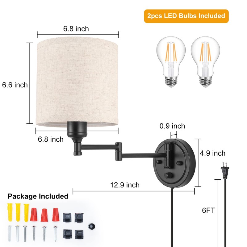 GOODATE ENCOMLI Dimmable Plug in Wall Sconces, Swing Arm Wall