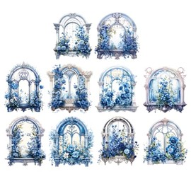 MAFELOE Retro Scrapbook Stickers of 10 Pieces, PET Aesthetic Deco Stickers Journaling Supplies for Junk Bullet Bottles Laptop- Flower Window Series-D