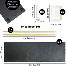 Moritz & Moritz 10 pieces. Sushi plate slate with dip bowls for 2 people - 11.8 x 3.9 inches - Sushi tableware slate plates with chopsticks storage bench dip bowls slate plates