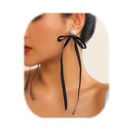 Asphinien Long Tassel Pearl Crystal Bow-knot Earrings Bridal Wedding Silk Band Drop Dangle Earrings Dainty Bow Anniversary Party Ear Accessories for Women (Black A)