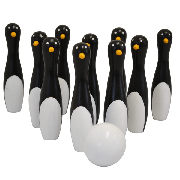 House of Marbles Penguin Bowling - 10 skittles , ball in fabric bag,Black, White, Yellow,Small