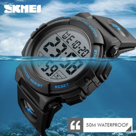 Gosasa Men 's Large Face Digital Outdoor Sports Waterproof Watch LED Luminous Alarm Stopwatch Simple Army, Blue, Men's standard