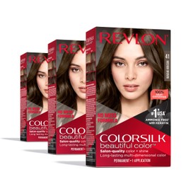 Revlon Permanent Hair Color, Permanent Hair Dye, Colorsilk with 100% Gray Coverage, Ammonia-Free, Keratin and Amino Acids, 041 Medium Brown, (Pack of 3)