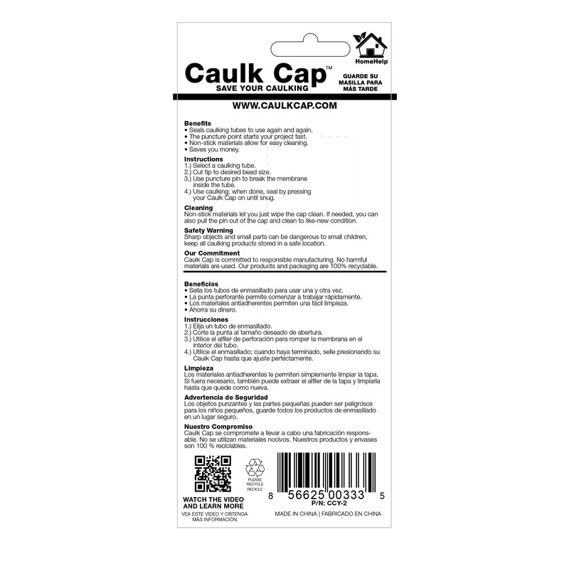 Caulk Cap CCY Caulk Saver Series, Reusable Caulk Tube Sealers