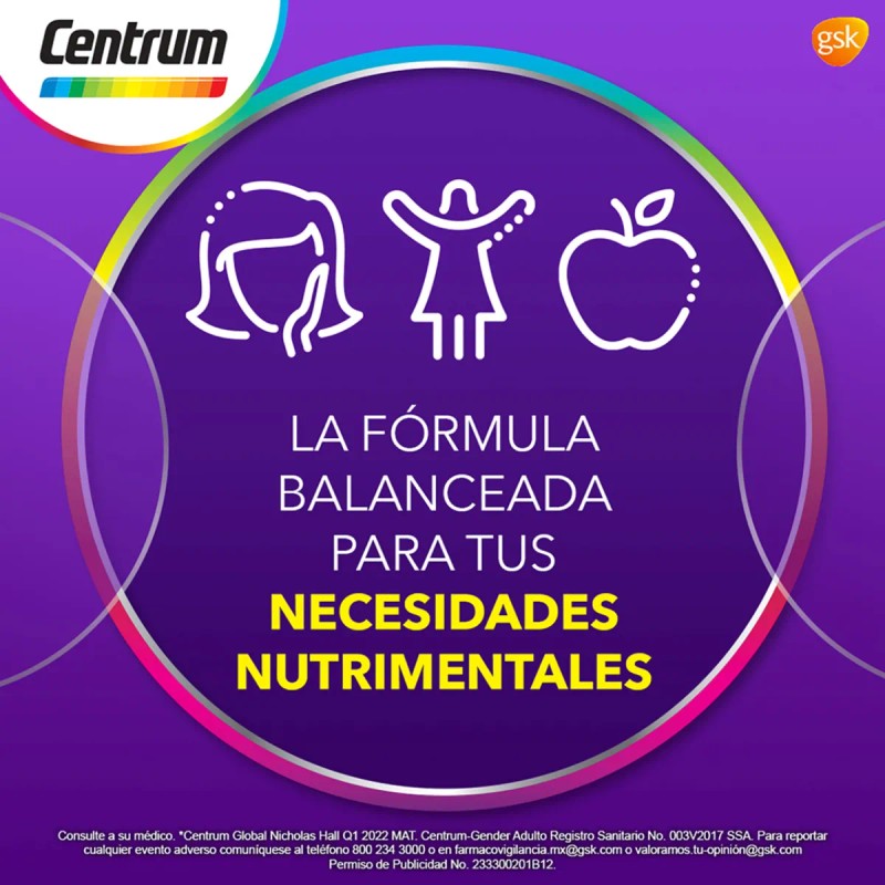 Frasco Multivitamínico Centrum Mujer Vitamina Calcio Hierro Retinol Tabletas Sabor