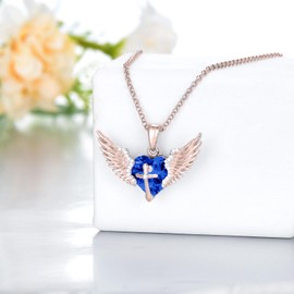 Flpruy Angel Wings Necklace with Cross Sterling Silver Guardian Angel Wings Pendant Sapphire September Birthstone Necklace Christmas Birthday Angel Jewelry Gifts for Women Rose Gold