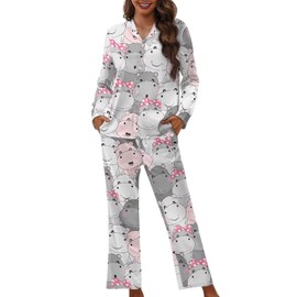 Panskyllis Baby Hippo Women's Long Sleeve Sleepwear Soft Button Down Pajamas Outfits Cozy Washable Loungewear Set 2 Pieces XS-4XL for Nightwear Party