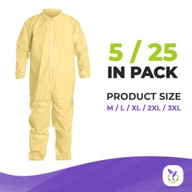 AMZ Yellow Disposable Coveralls for Men and Women, Large. Pack of 5 PP+PE Hazmat Suits with Cut Wrists, Ankles. 82 GSM Waterproof Disposable Painters Coveralls with Long Sleeves and Serged Seams