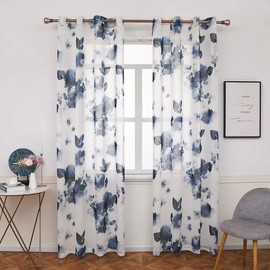 Taisier Home 84 Inch Grommet Room Faux Linen Sheer Window Curtains, Chinese Traditional Ink Painting Stylized Leaves and Flower,Artwork,Blue Print Sheer Curtains for Living Room Bedroom