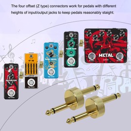 AFOT 4 PCS Guitar Pedal Connector, 1/4 Inch Guitar Pedal Connector Z Type 6.3mm Pedals Coupler 4 Pack Pedal to Pedal Connector TS Copper Male Connector for Effect Pedalboard Space Saving Gold