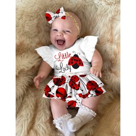 ADIFUN Baby Girl Clothes,3-6 Months Baby Girl Summer Clothes Outfit,Infant Baby Girl Romper Sets little lady Ruffle Short Sleeve Top + Seven-star ladybug Shorts+ Bow Hairband 3Pcs Set