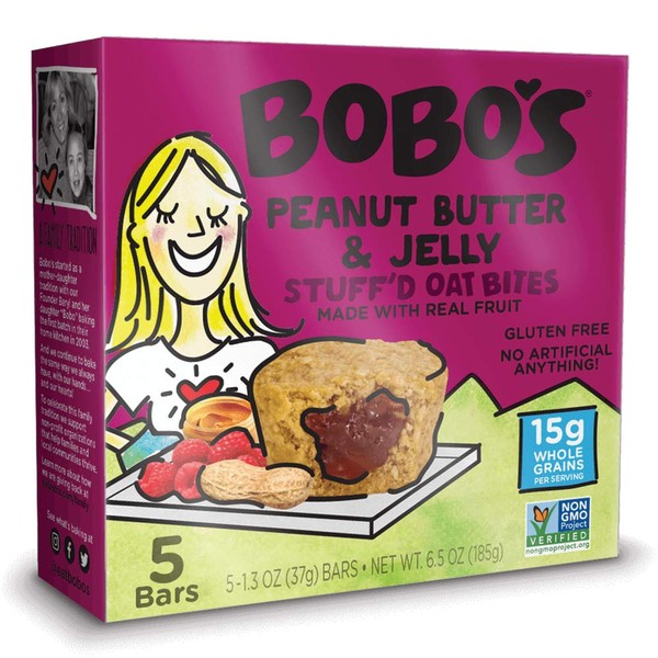 Bobo's Oat Bites, Peanut Butter & Jelly Stuffed, 1.3 Ounce Bites (5ct Box), Gluten Free Whole Grain Snack
