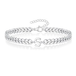 Angelra Silver Initial Cuban Link Chain Bracelets for Men Christmas Gifts - Meaningful Letter Bracelet for Women, Unique Father's Day Gifts for Husband Dad Grandpa Brother Friend (S)