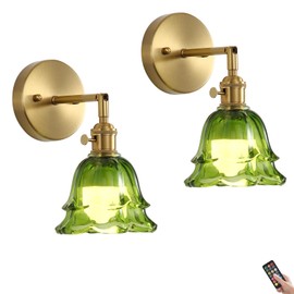 XIYOUVE 2 Pack Vintage Battery Operated Wall Sconces, Rose Green Lampshade & 180 Degree Adjustable, Wireless Rechargeable RGB Wall Light with Remote Control, for Bedroom Living Room Hallway Aisle