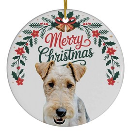 Funny Grey Tan Wire Fox Terrier Christmas Ornament Ceramic Circle White - Merry Christmas 2025 Holiday Keepsake Decoration - Xmas Tree Hanging Decor Gifts for Dog Lovers