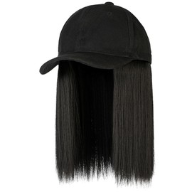 Baseball with Hair Extensions, Short Straight Hair Wig with Synthetic Fiber Hat Wigs for Women (Black)
