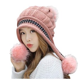 Rifuli Women's Fashion Warm Beanie Hat Winter Hat Knitted Wool Hem Hat with Hairball Winter Knitted Hat - m
