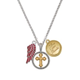 Delight Jewelry Silvertone Medium Translucent Red Angel Wing Two-tone Give Thanks to God Cross Pendant Necklace, 23"