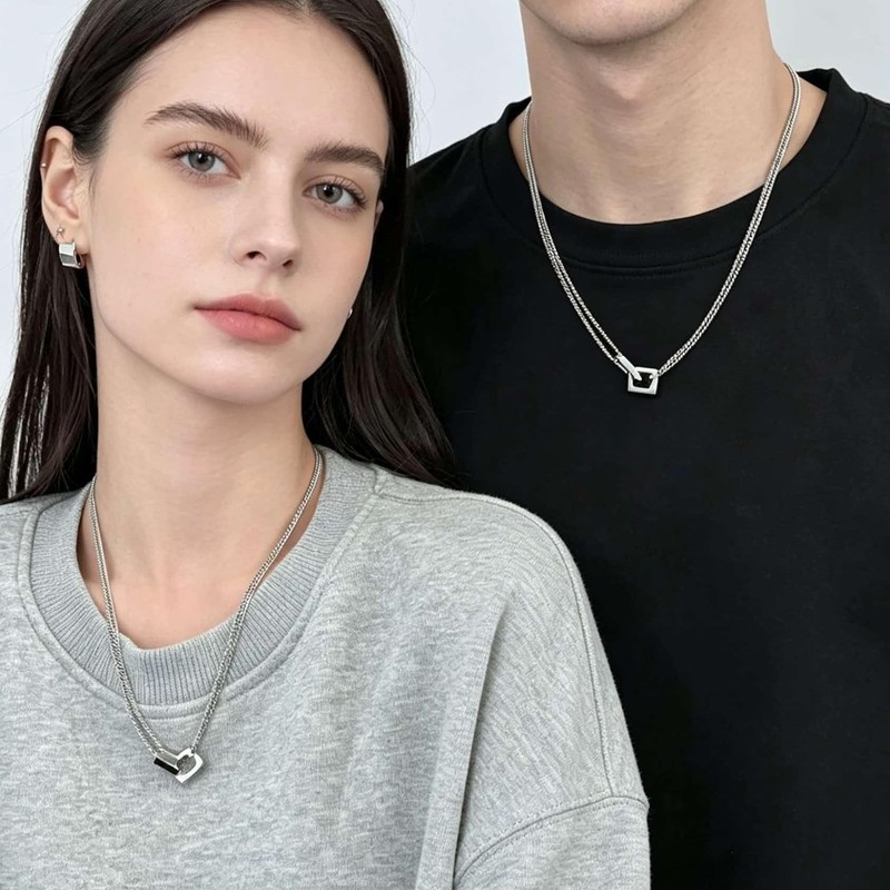 MAHONLIEN Silver Square Necklace for Men Stainless Steel Jewelry
