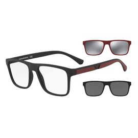 Emporio Armani Ea4115 - Marcos para anteojos graduadas para hombre con dos clips intercambiables rectangulares, Negro mate/transparente/gris/gris espejado, 54 mm