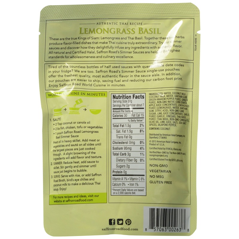 Saffron Road Lemongrass Basil Simmer Sauce, 7 oz