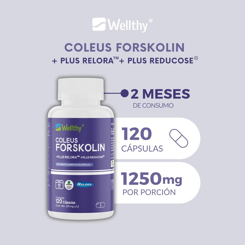 Wellthy Coleus Forskolin, Relora Ingrediente Suizo y Reducose Ingrediente Britanico
