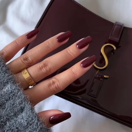 Burgundy Press on Nails Long Square, KXAMELIE Medium Coffin Nails Press ons Long Glue on Nails Natural Thick Fake Long Nails Acrylic Nails Reusable 24 Fake Nails Solid Color False Nails for Women