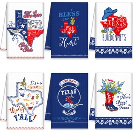 FuWeave 6 Pieces Texas Bluebonnets Kitchen Towels Texas Souvenirs Gifts Sweet Themed Decorative White Blue and Red Print Texas Tea Towel Dish Towel Texas Decor for Home Dish and Hand Drying, 6 Styles