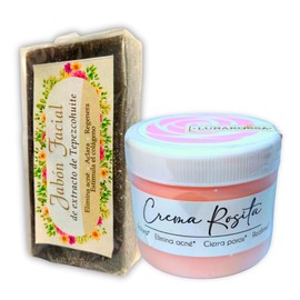 Kit Crema Rosita de Obregón y Jabón Natural Tepezcohuite 100gr Protección Solar 15 con Rosas Colágeno Células Madre + Aclarante, Antimanchas, Antiacné.