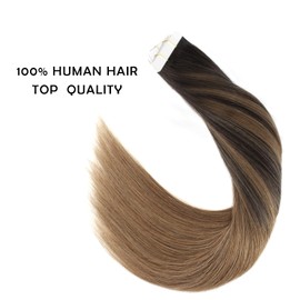 Sassina 16inch Tape in Hair Extensions Human Hair 20pcs 50g Mixed Color Balayage Dark Brown Fading to Chestnut Brown Double Sided Glue in (B2-6 16 Inch)