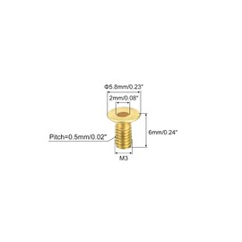 sourcing map Flat Head Socket Cap Screws, M3-0.5 x 6mm Brass Inner Hex Drive Fasteners Bolts 6Pcs