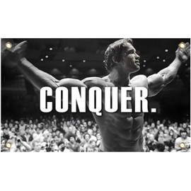 Conquer Flag for Arnold Schwarzenegger 3x5 Feet - Funny Gym Motivation Poster and Fitness with Four Brass Grommets - Durable Man Cave Wall Flag for College Dorm Room Decor for Man and Guys