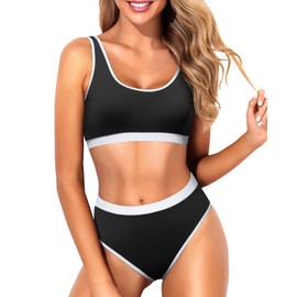 Tempt Me - Traje de baño deportivo de dos piezas con cuello redondo para mujer, negro y blanco, M