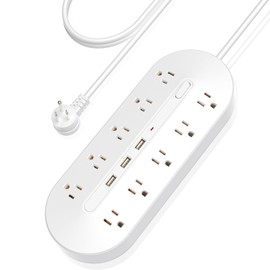 Power Bar, Power Strip Surge Protector with 10 Outlets & 3 USB Charging Ports, 3000W/13A Surge Protector with 6.5Ft Braided Extension Cord, Long Power Bar Flat Plug for Home Office - White