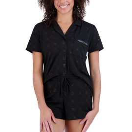 Paris Hilton Women's Short Sleeve Notch Collar and Drawstring Shorts Shiny Foil PARIS Pajama Set, Black PARIS, M