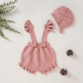 FYBITBO Newborn Infant Baby Girl Knit Sweater Romper Overalls Shorts Suspender Trousers+Hat Winter Clothes Outfit (Pink,9-12 Months)