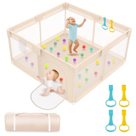 Playpen for Babies and Toddlers 50x50 inch - Baby Gate Playyard with Soft Breathable Mesh Cover - Indoor and Outdoor Baby Play Pen - Portable Playpen for Babies (Apricot)