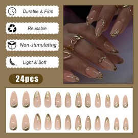 24 Pieces 3D Press On Nails Almond - Medium Almond Nails French Tip False Nail with Pearls Jewel Design Gold French Line On Shiny - Perfect Nail Art for Women