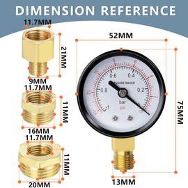 Innfeeltech 1 x 50 mm vacuum gauge BSP 1/4 inch -1~0 bar -14~0 psi with 2 pieces socket 1/4 inch to 3/8 inch, 1/4 inch to 1/2 inch and 1 piece hex nipple to reduce from 1/4 inch to 1/8 inch, a Teflon