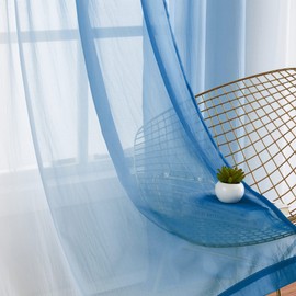 Cortinas transparentes de gasa de 54 pulgadas de largo para recámara o sala de estar, paneles de cortina cortos de gasa semigasa arrugada, con filtro de luz que no se transparenta para lavandería, parte superior con ojales, color azul