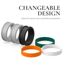 King Will Silicone Ring for Men - Comfortable and Breathable Black Gray Mens Wedding Silicone Rings with changeable Orange Green White band 3 Set Pack - 8mm Wide Rubber Wedding Bands for Men - Size 12