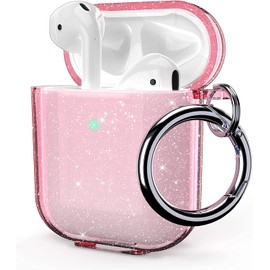ULAK Airpods Case Clear, Glitter Protective Sparkly Soft TPU Transparent Shockproof Airpod Case Cover Accessories with Keychain for AirPod 2 & 1 Charging Case[Front Led Visible] - Pink Glitter
