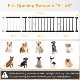 Dog Gate Indoor,18"-45" Adjustable Extra Wide Metal Short Dog Gate to Step Over, 14" Tall Small Pet Gate with 3 Extension Kits, Pressure Mounted for Doorways & Stairs Black