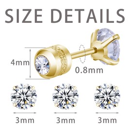 Mochity 3 Pairs of Earrings Set for Men and Women, Hypoallergenic Earrings, Gold Sliver Black, 316L Stainless Steel Cubic Zirconia Stud Earrings, Sleep Earrings, 3/4/5 mm, Stainless Steel, Cubic